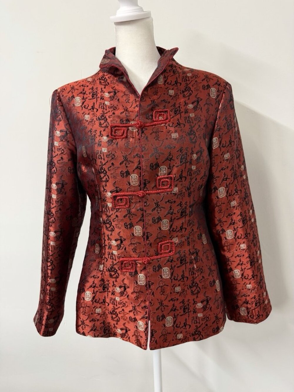 Women’s M Red Asian Satin Floral‎ Jacket Frog Closure Mandarin Collar Slit Lined